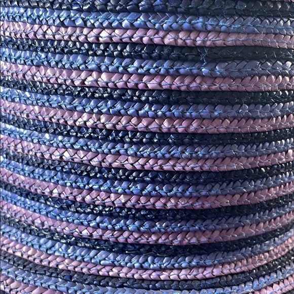 Laura Ashley Slate Blue, Purple Black Striped Straw Curled up Edge Hat